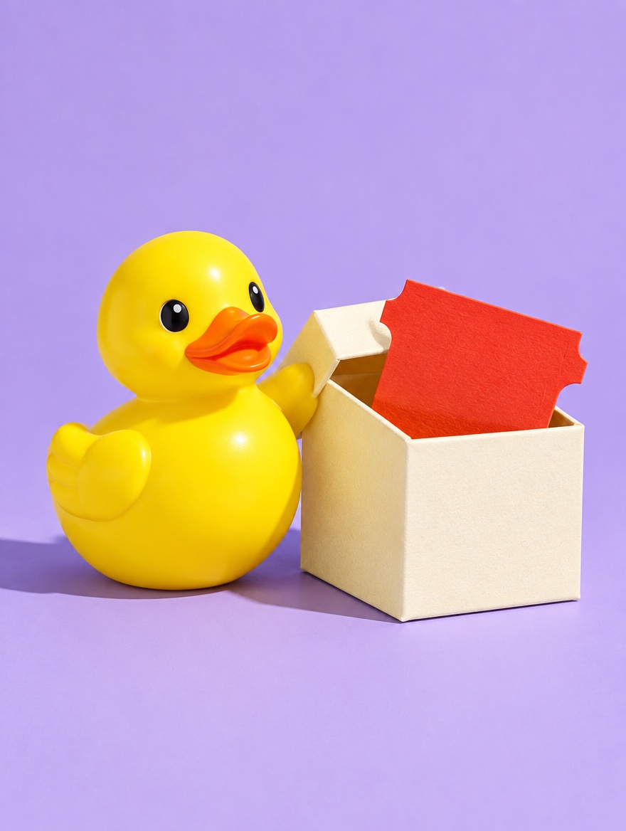 The original yellow duck opening a paper box with a red ticket inside