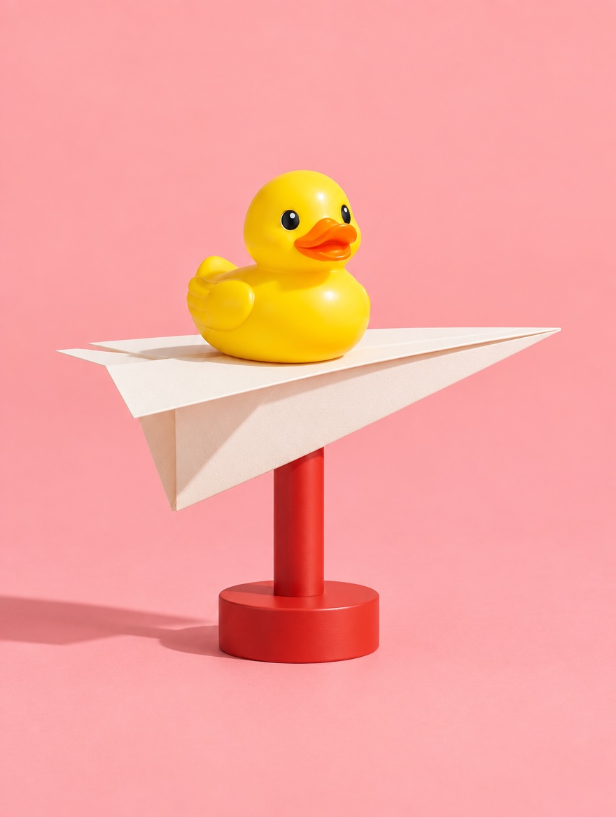 The original yellow duck riding a folded paper airplane on a coral backdrop