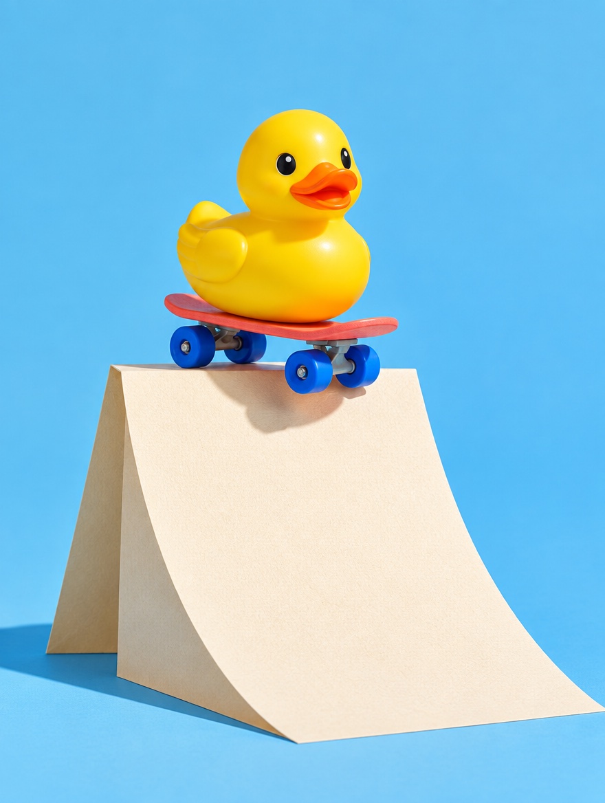 Playful yellow duck on a red skateboard, a Flitsi animation concept